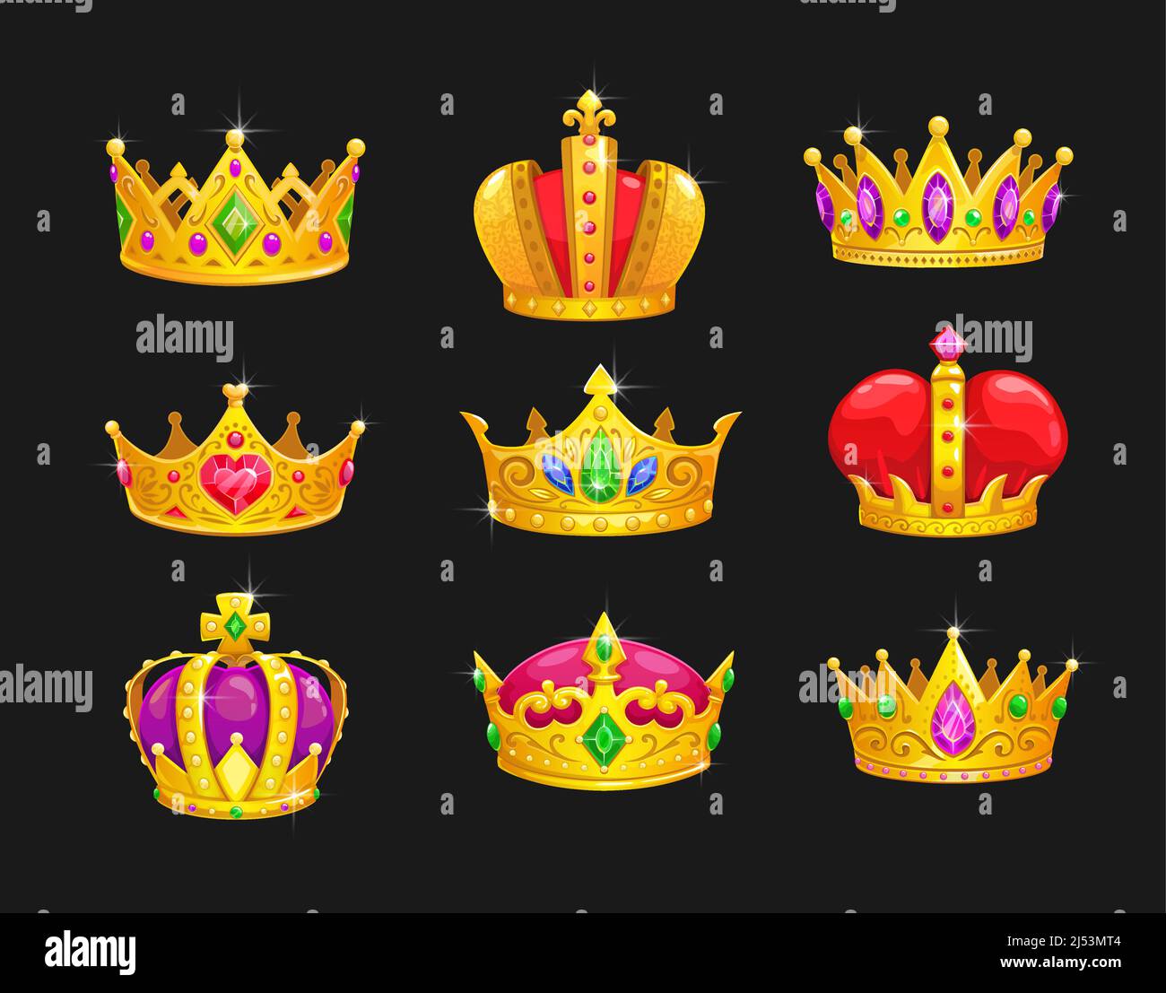 Cartoon royal king golden crowns, game asset. Vector Monarch crowning  headdress with gemstones for queen or tzar. Isolated gold monarchy symbol,  medieval emperor items, imperial coronation heraldry Stock Vector Image \u0026  Art -, image size:1300x1107
