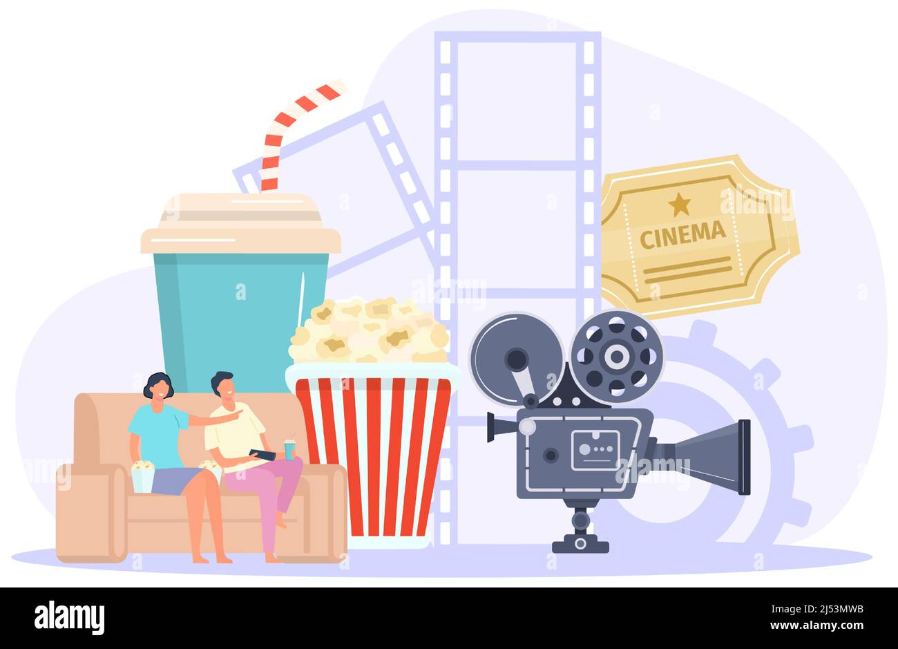 Online cinema concepts, pop corn and camera Stock Vector