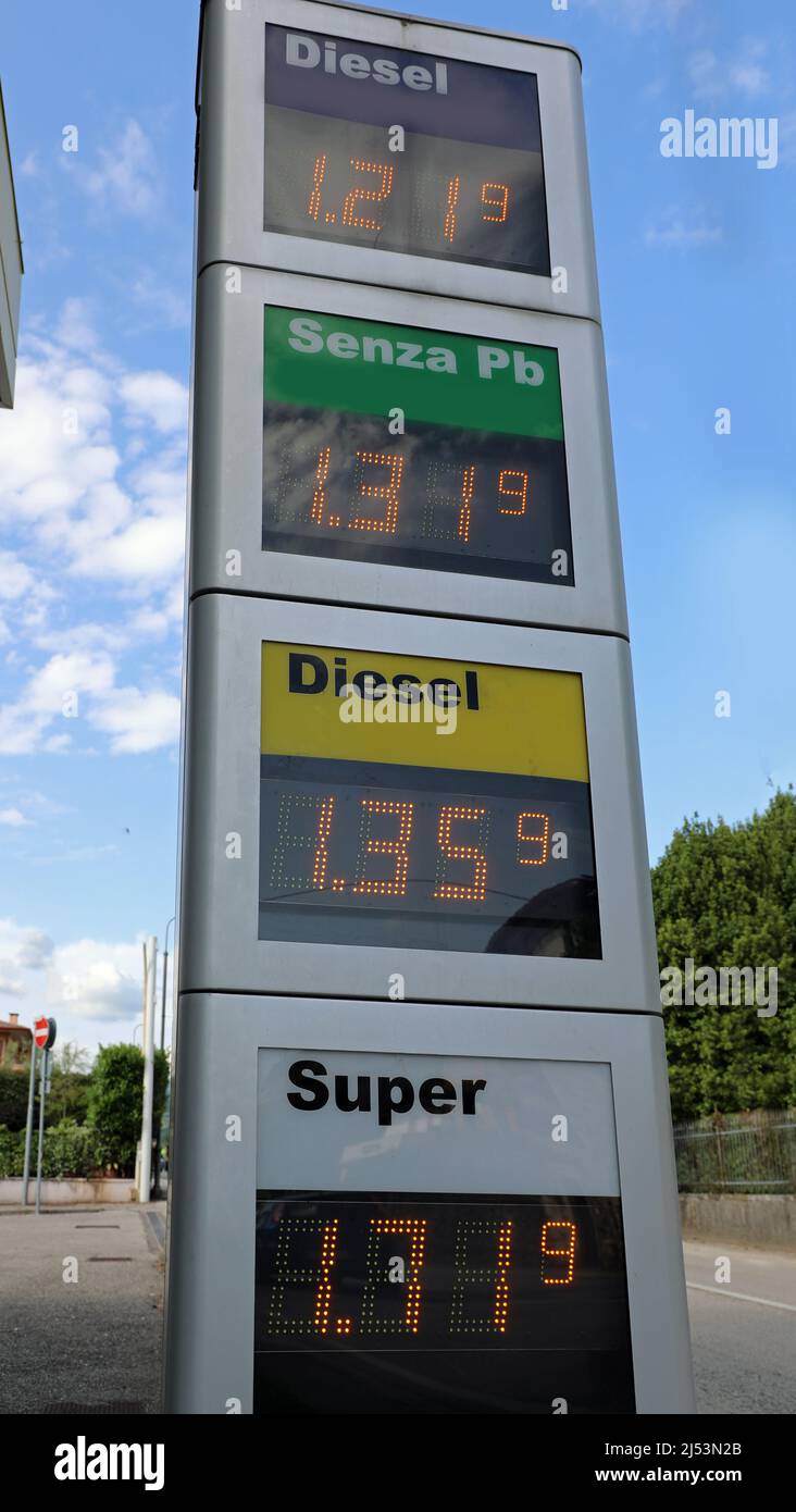 gasoline and diesel prices of various types in a petrol station in Italy during the drop in oil prices due to low international demand Stock Photo
