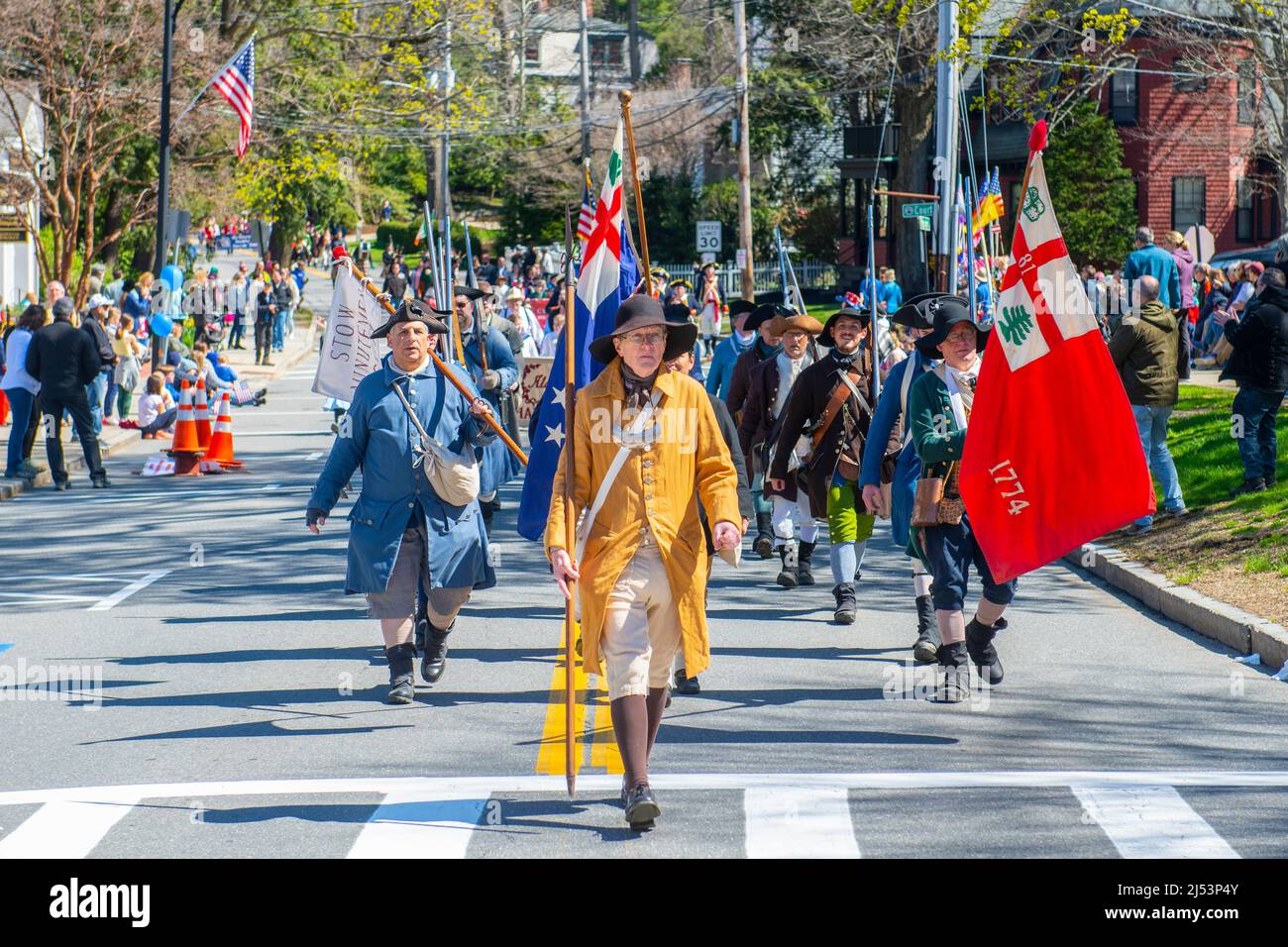 Patriots' Day Parade and American Revolutionary War reenactment in town