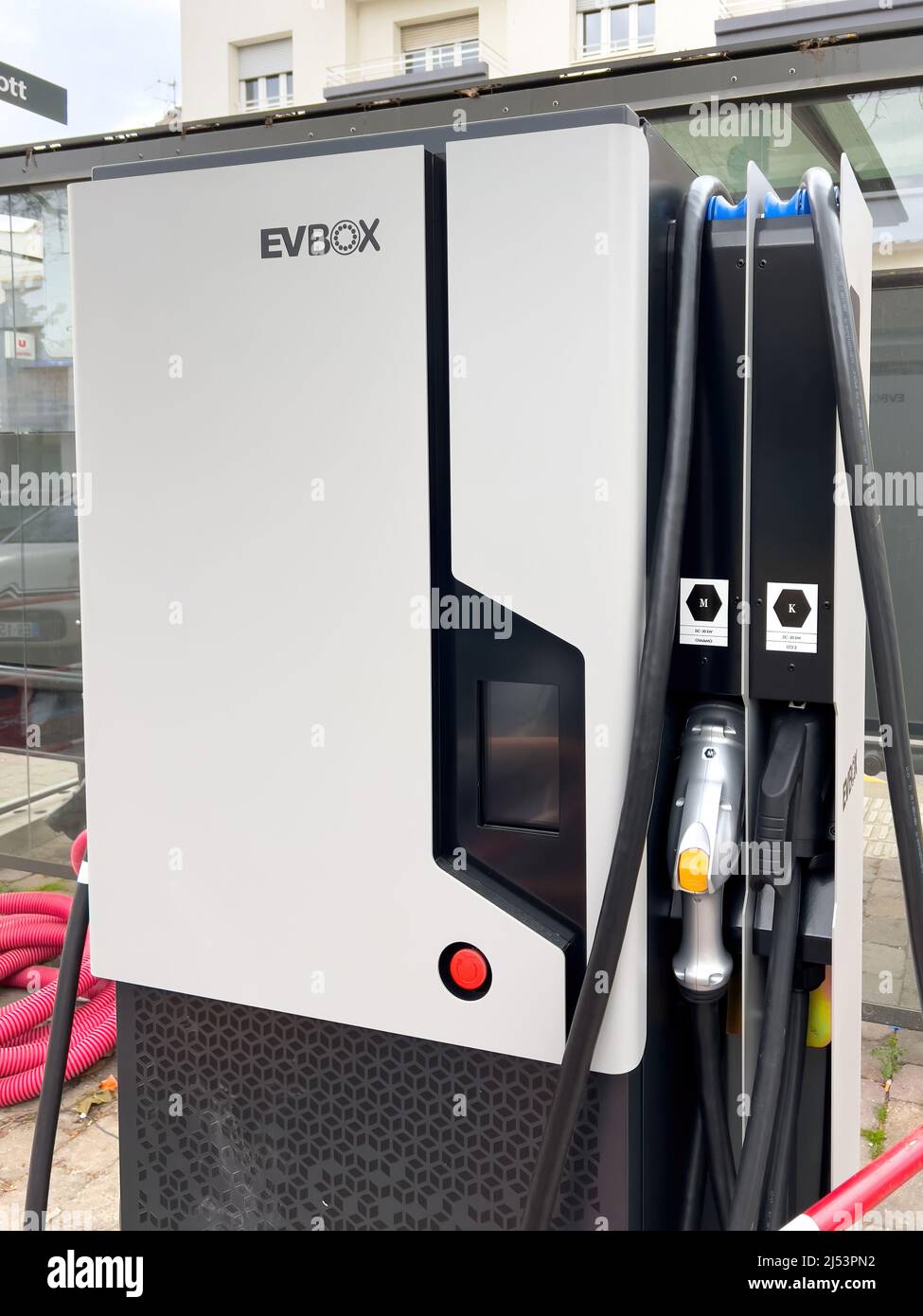 Strasbourg, France - Apr 6, 2022: Construction site near a bus station of new installation EVBox Smart EV charging stations with AI software Stock Photo