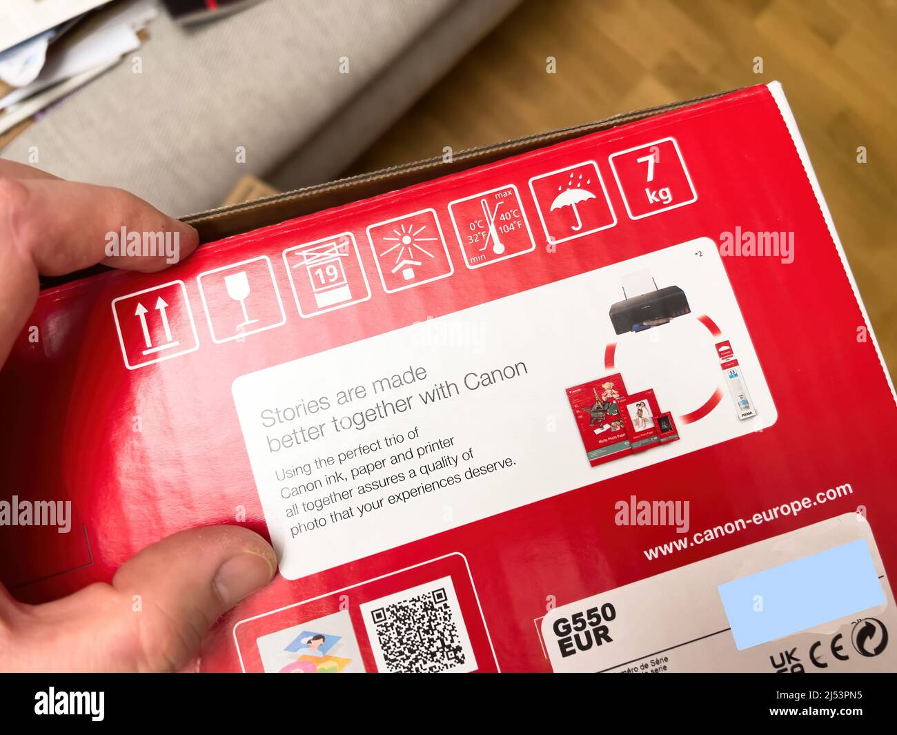 London, united Kingdom - Ap 3, 2022: Cardboard box of a new Canon PIXMA G550 single function printer with six refillable dye-based ink tanks with stories are made better together with Canon Stock Photo