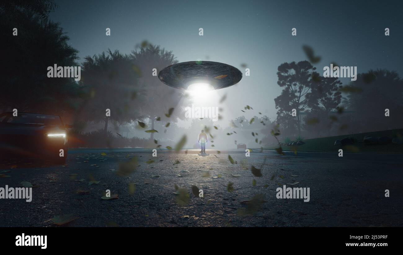 Man being abducted by UFO - Alien abduction concept. 3d rendering Stock Photo