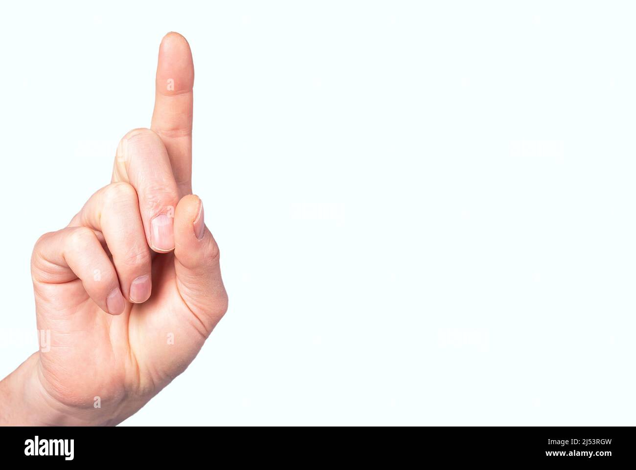 Banner with man index finger raised upwards. Gesture showing number one. Copy space. High quality photo Stock Photo