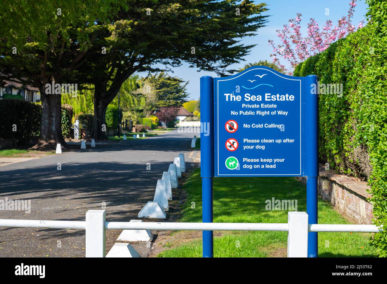 Sign and gate at entrance to The Sea Estate, a private estate with no public right of way in Rustington, West Sussex, England, UK. Stock Photo