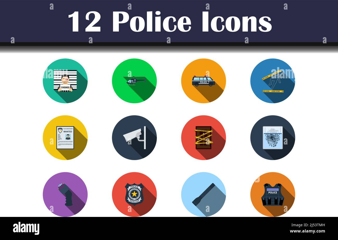 Police Icon Set. Flat Design With Long Shadow. Vector illustration ...