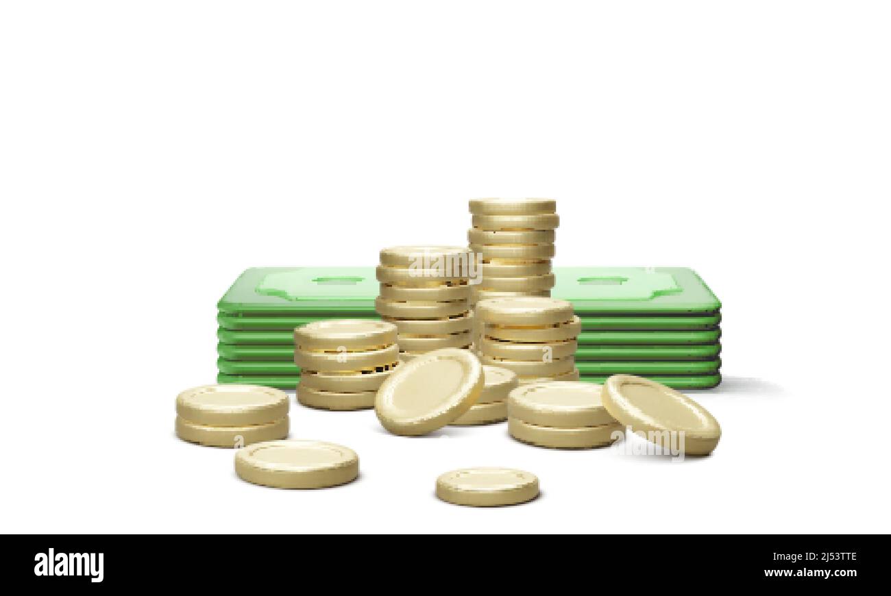 Stack of coins and paper currency 3d render. Realistic money in cartoon style. Vector illustration Stock Vector