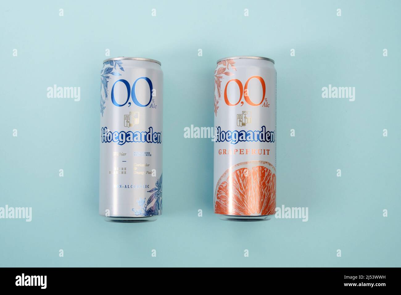 Tyumen, RussiaApril 13, 2022 Hoegaarden nonalcoholic beer and