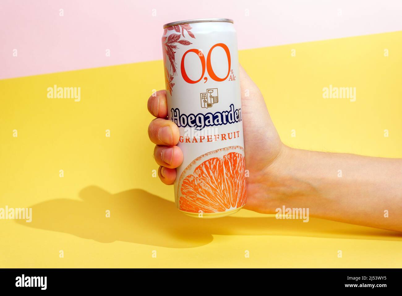 Tyumen, RussiaApril 13, 2022 Hoegaarden non alcoholic beer with