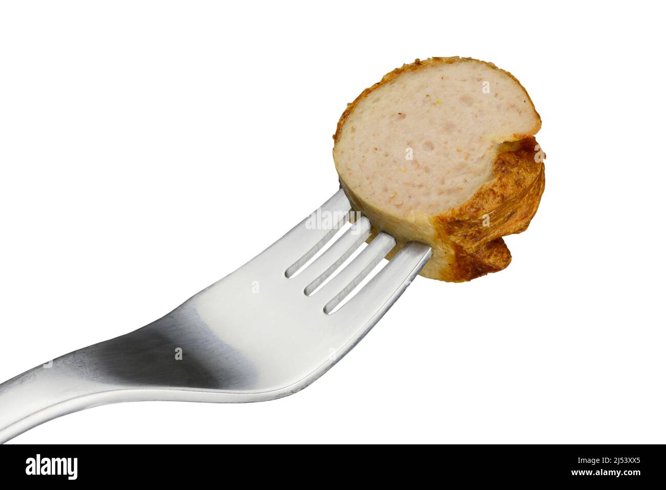 Bratwurst on fork isolated Stock Photo