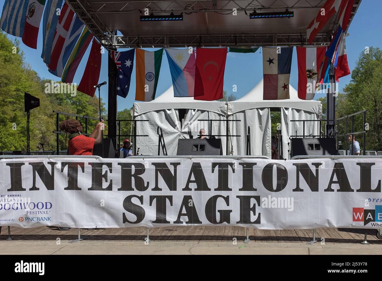 Stage setup for multinational performers during Atlanta's Dogwood Festival. Stock Photo