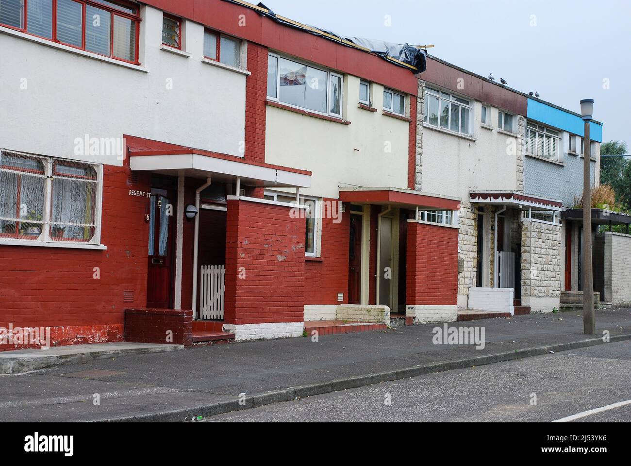 Terraced houses in a run-down inner city location in Belfast. Stock Photo