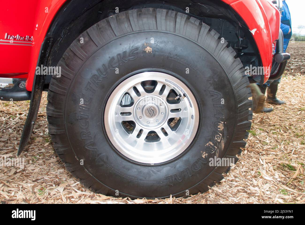 Off-road tyre on a vehicle adapted by Arctic Trucks for extreme conditions.  This vehicle was featured in Top Gear, and took Jeremy Clarkson and James Stock Photo