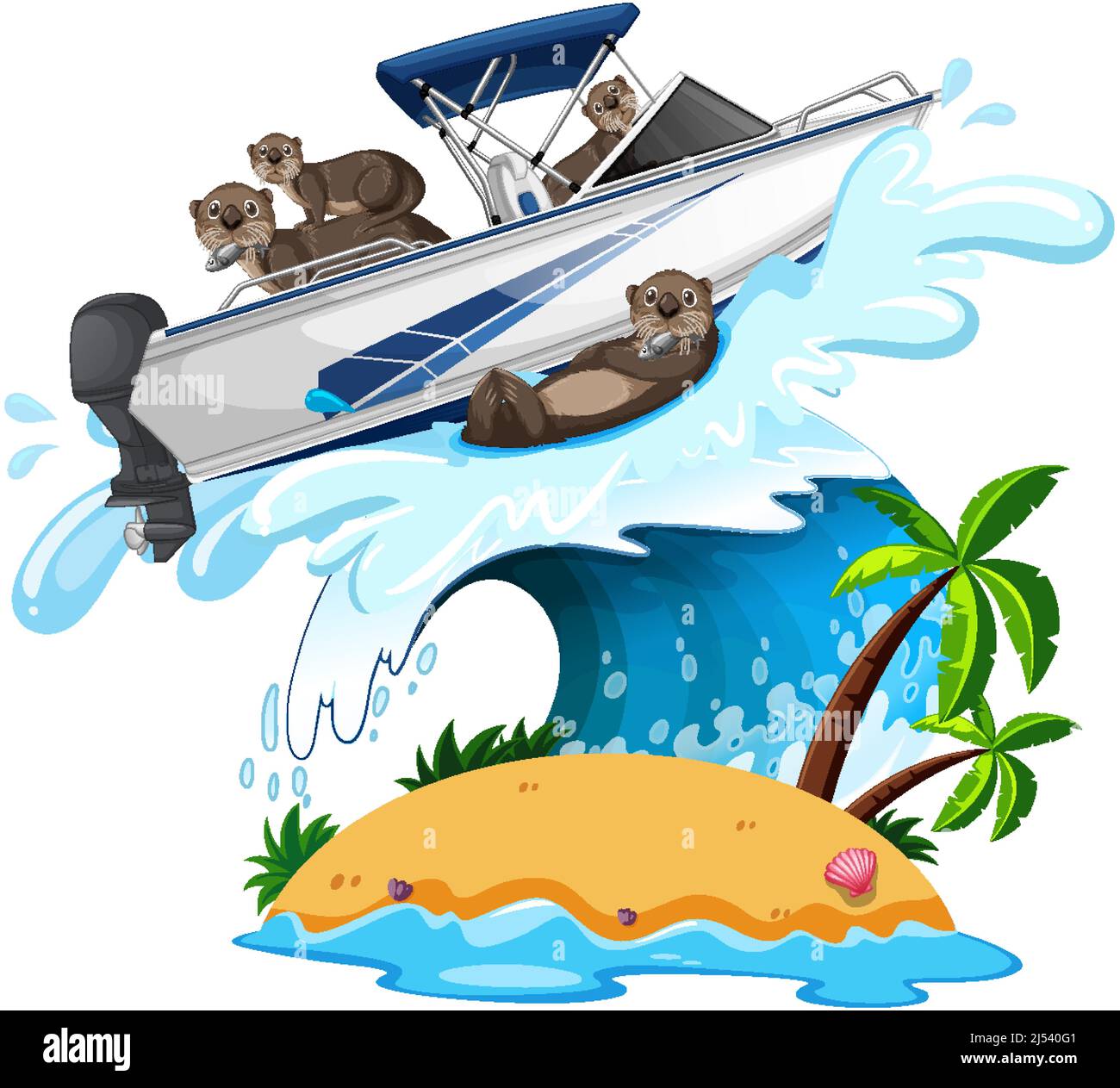 Group of otters on speedboat illustration Stock Vector