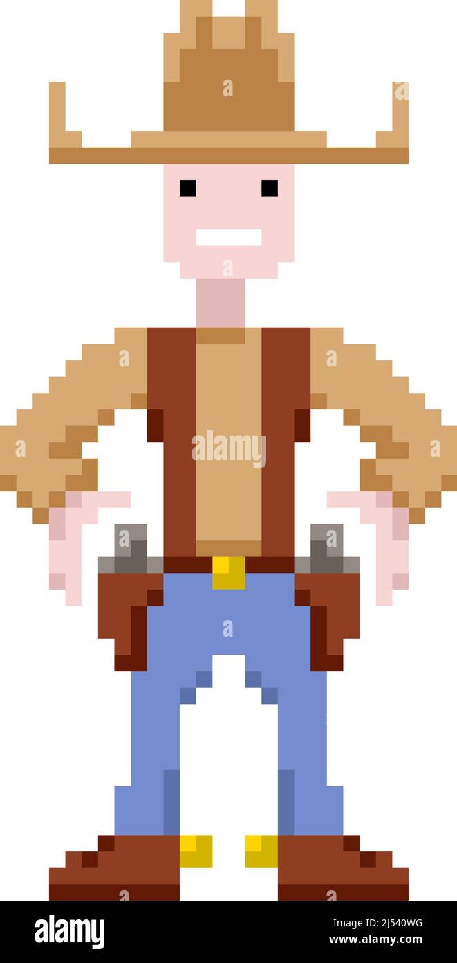 Pixel art cowboy holding a gun, vector illustration Stock Vector