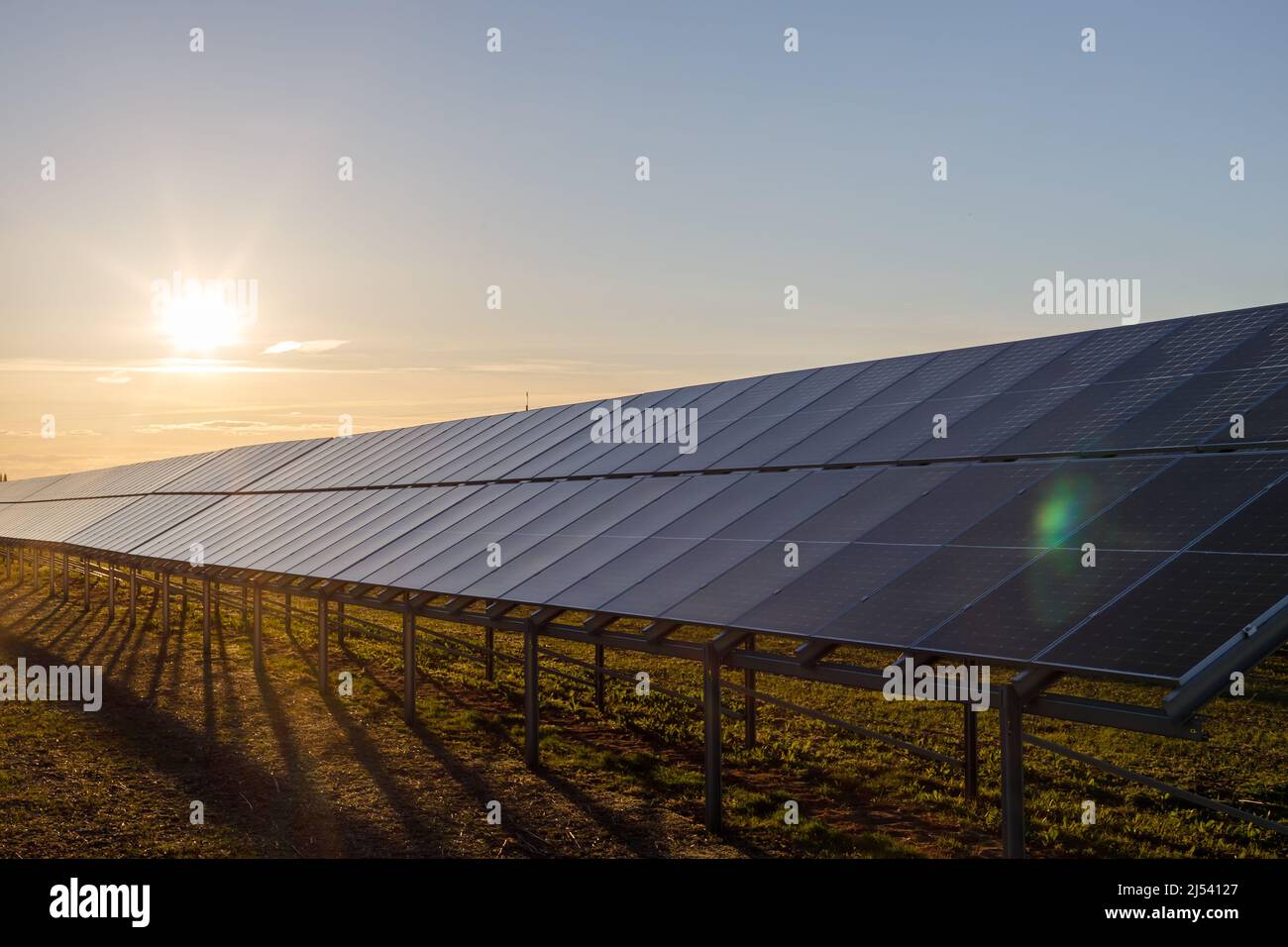 Solar panels (solar cell) in solar farm with solar lighting to produce clean electricity. Sunset Stock Photo