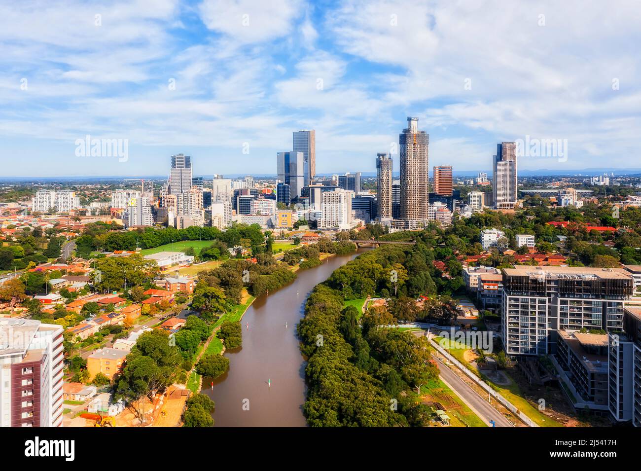 Modern highrise apartment buildings along Parramatta river in Western