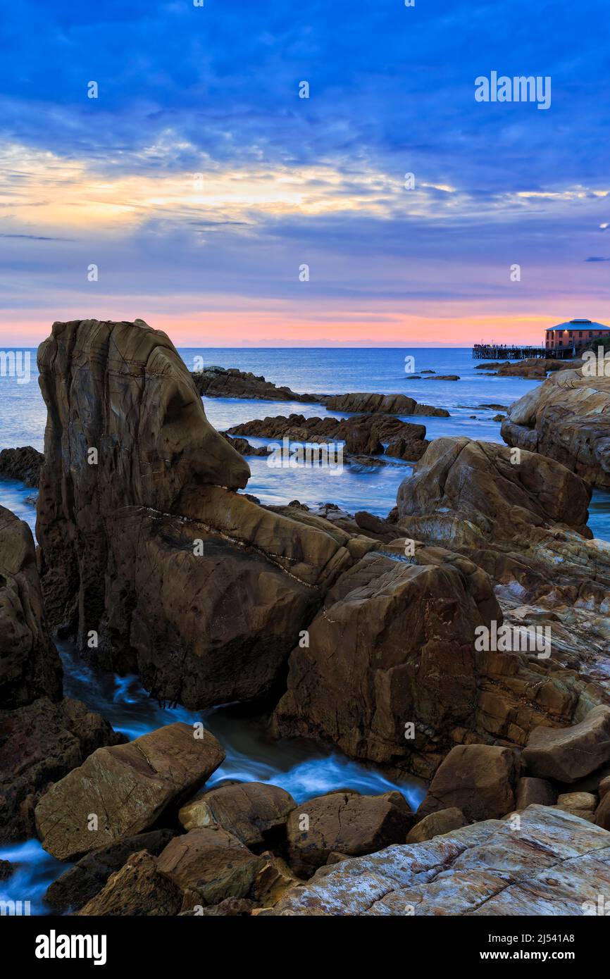 Scenic seascape sunrise near historic Tathra wharf on Sapphire coast of