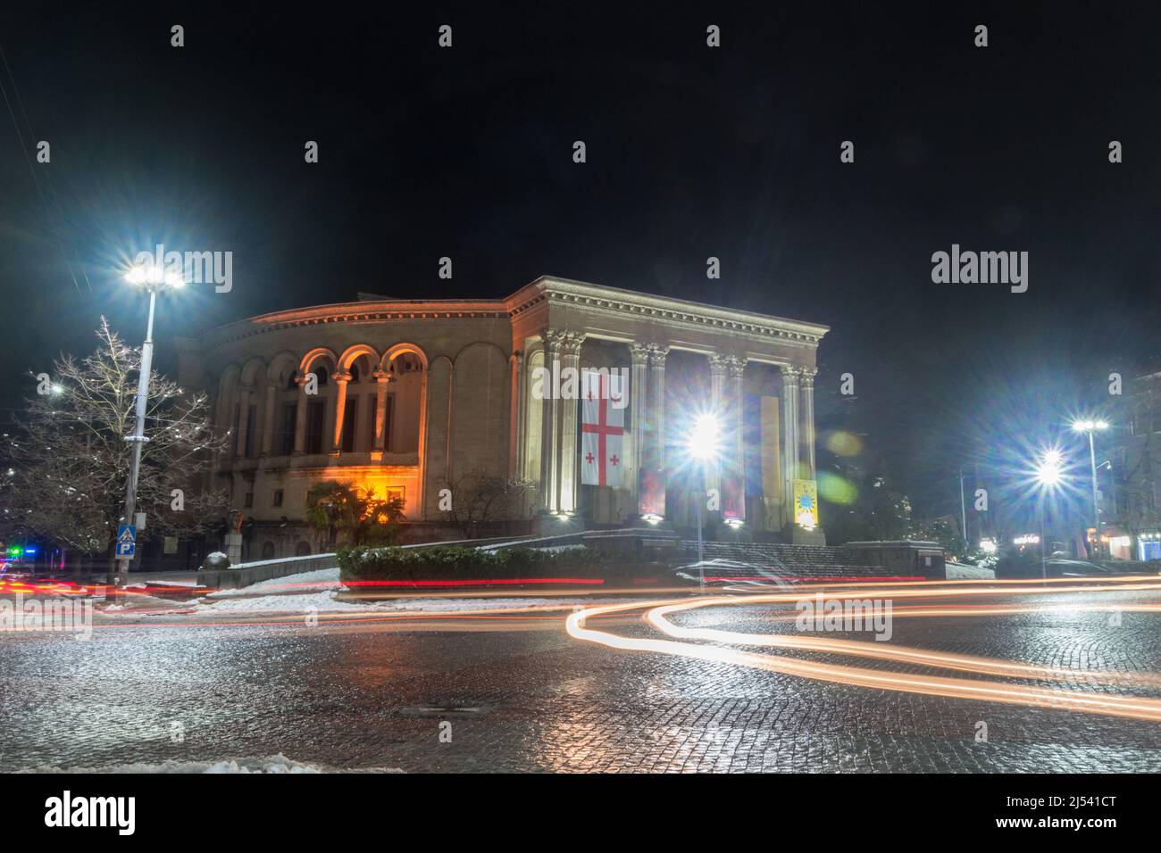 Kutaisi, Georgia - March 17, 2022: Kutaisi Lado Meskhishvili Professional State Drama Theatre at central square at night. Stock Photo