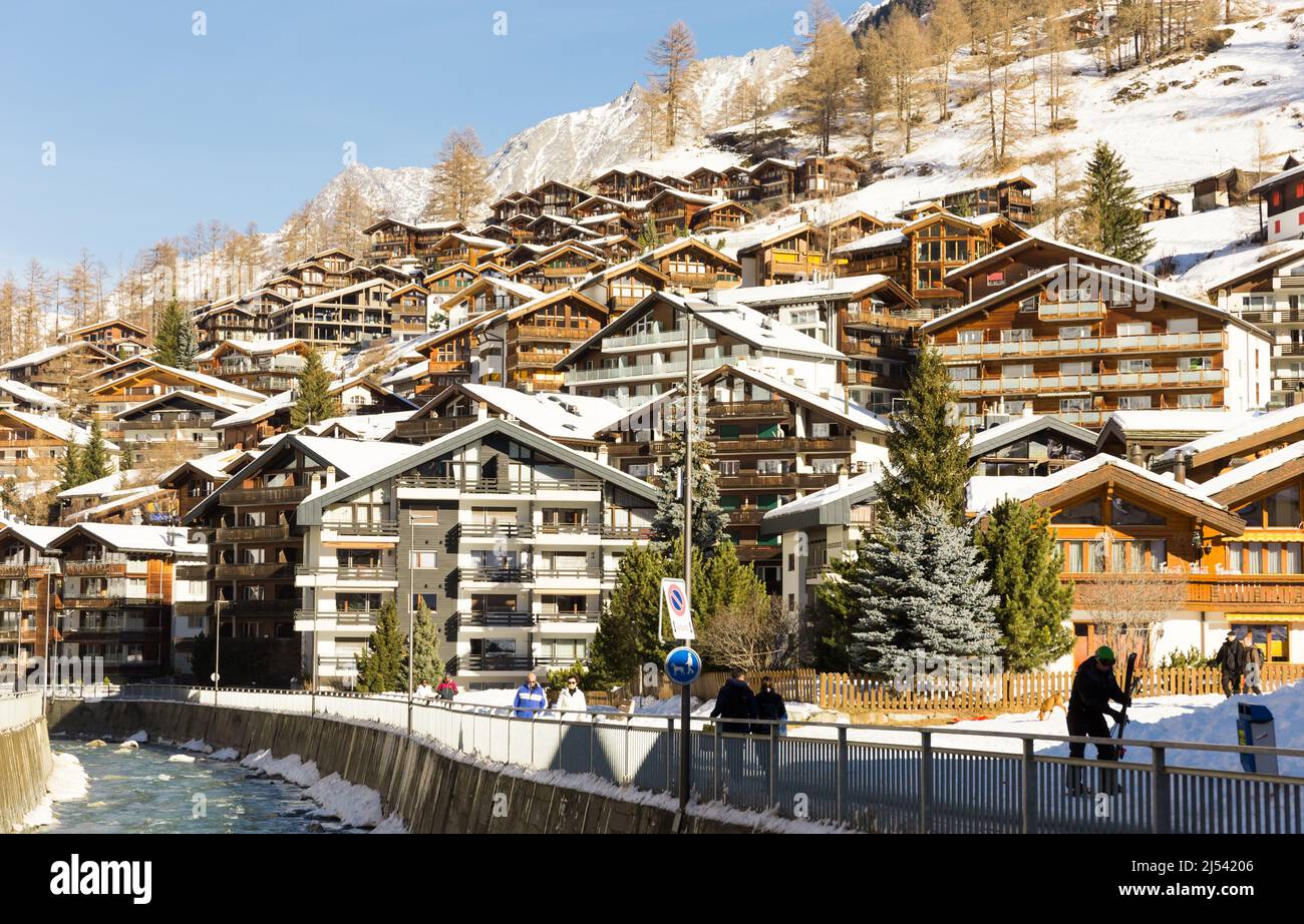 Winter mountain landscape. Snowy mountain Matterhorn during the day in winter. Zermatt, swiss alps Stock Photo