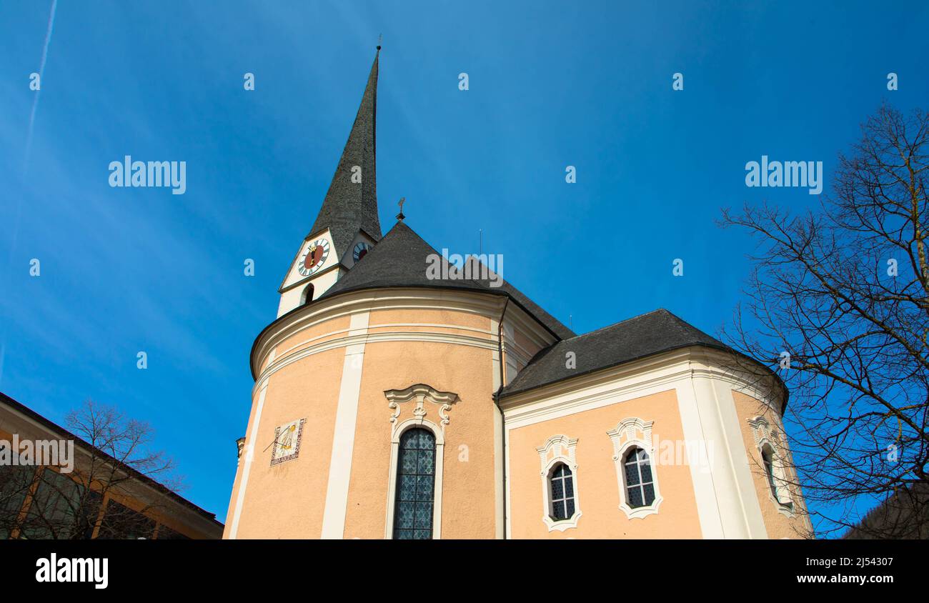 Parish Church of St. Nikolaus agianst blue sky. Bad Ischl, Upper