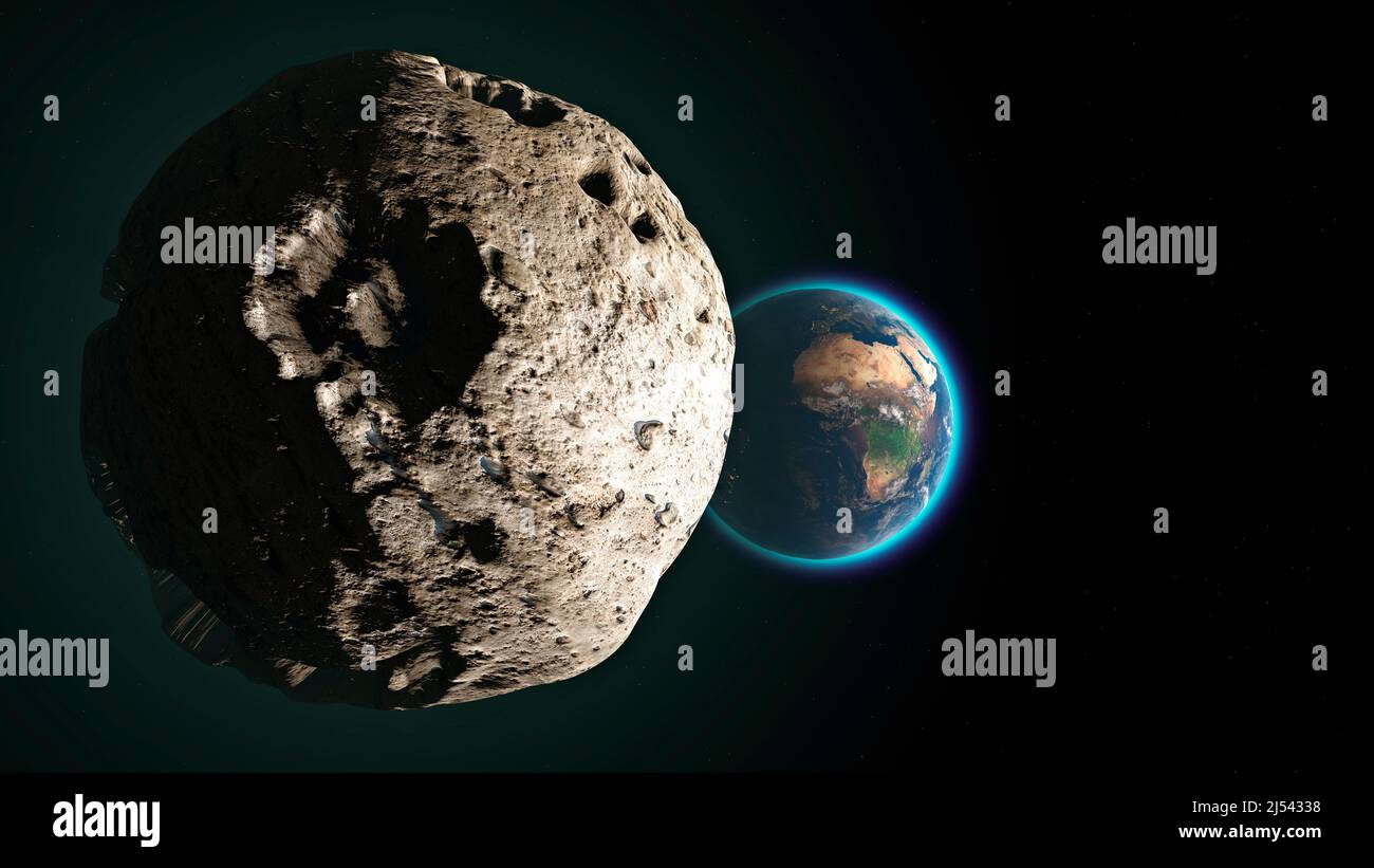 Meteorite approaching Earth, collision course. Asteroid. Possible collision with the earth's atmosphere. 3d rendering. Nasa Stock Photo