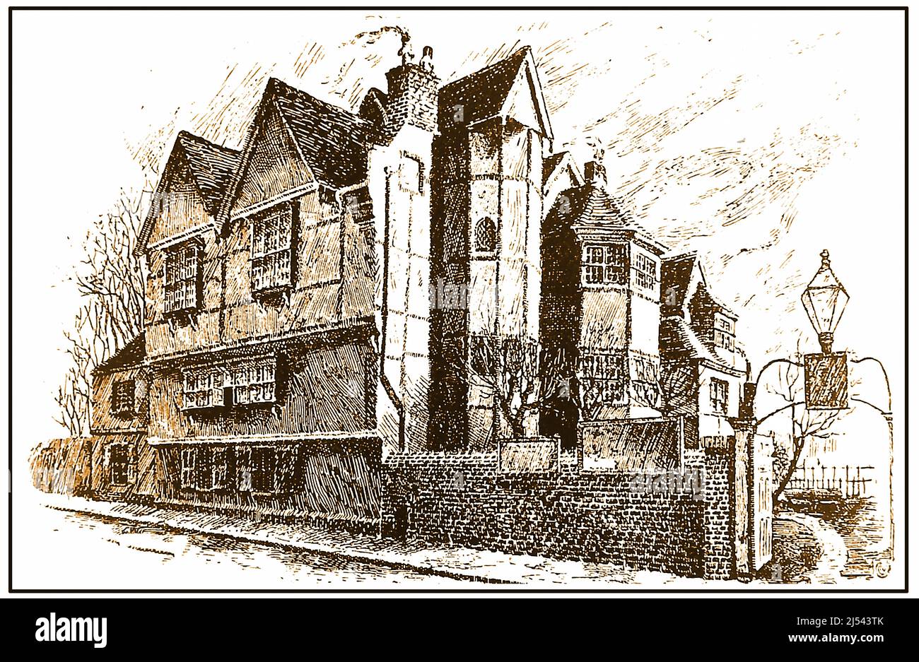 An old 19th century sketch of Eastgate House, Rochester, UK. . it is   Grade I listed Elizabethan townhouse associated with with author Charles Dickens who featured it as as Westgate in The Pickwick Papers. He also featured it as the Nun's House in The Mystery of Edwin Drood.  The house has a Swiss style chalet in its grounds  where Dickens wrote several of his novels. It now serves as a Dickens museum. Stock Photo