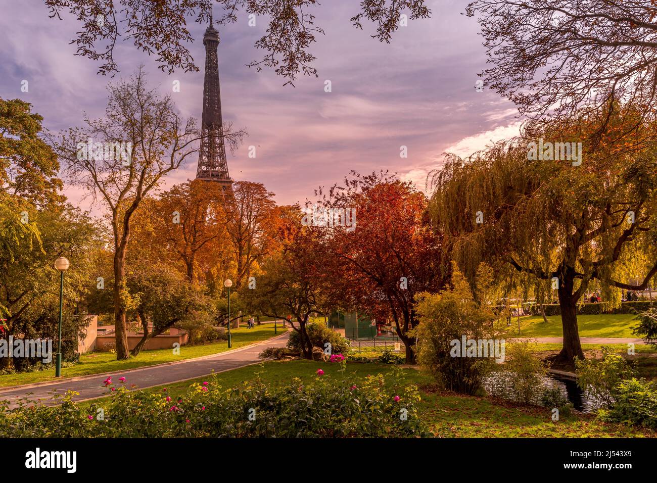 Paris, France - October 19, 2020: Beautiful Autumn colors in Trocadero Park with Eiffel Tower in background Stock Photo