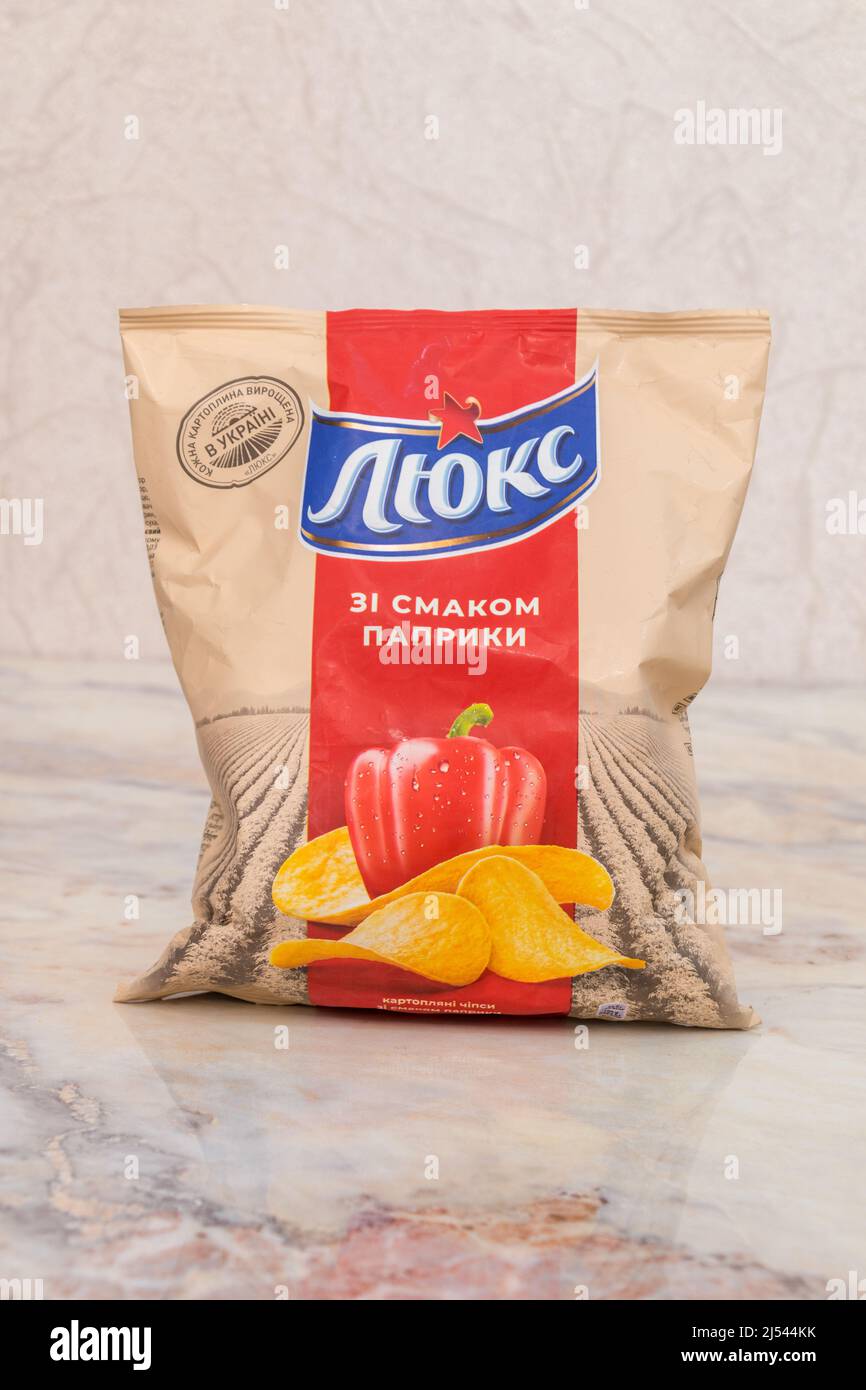 Kutaisi, March 18, 2022 Ukrainian Potato Chips Lux, paprika