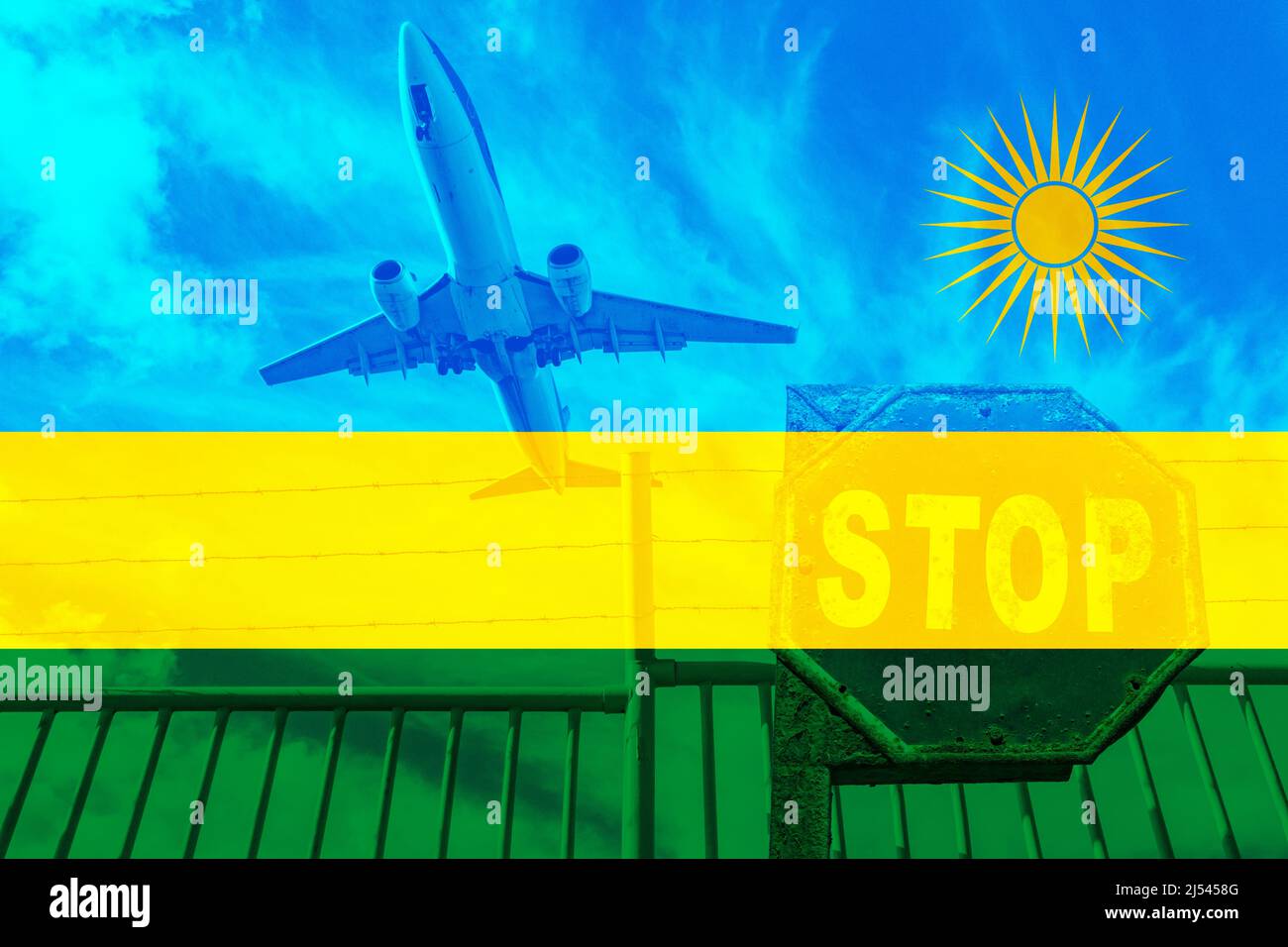 Flag of Rwanda, aircraft, fence and stop sign. UK offshore asylum processing, resettlement, refugees, immigration... concept Stock Photo