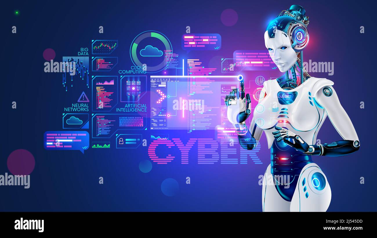 AI in image robot woman or female cyborg working on 3d holographic interface. Robotic lady with Beautiful face and cybernatic hand pressing button Stock Vector