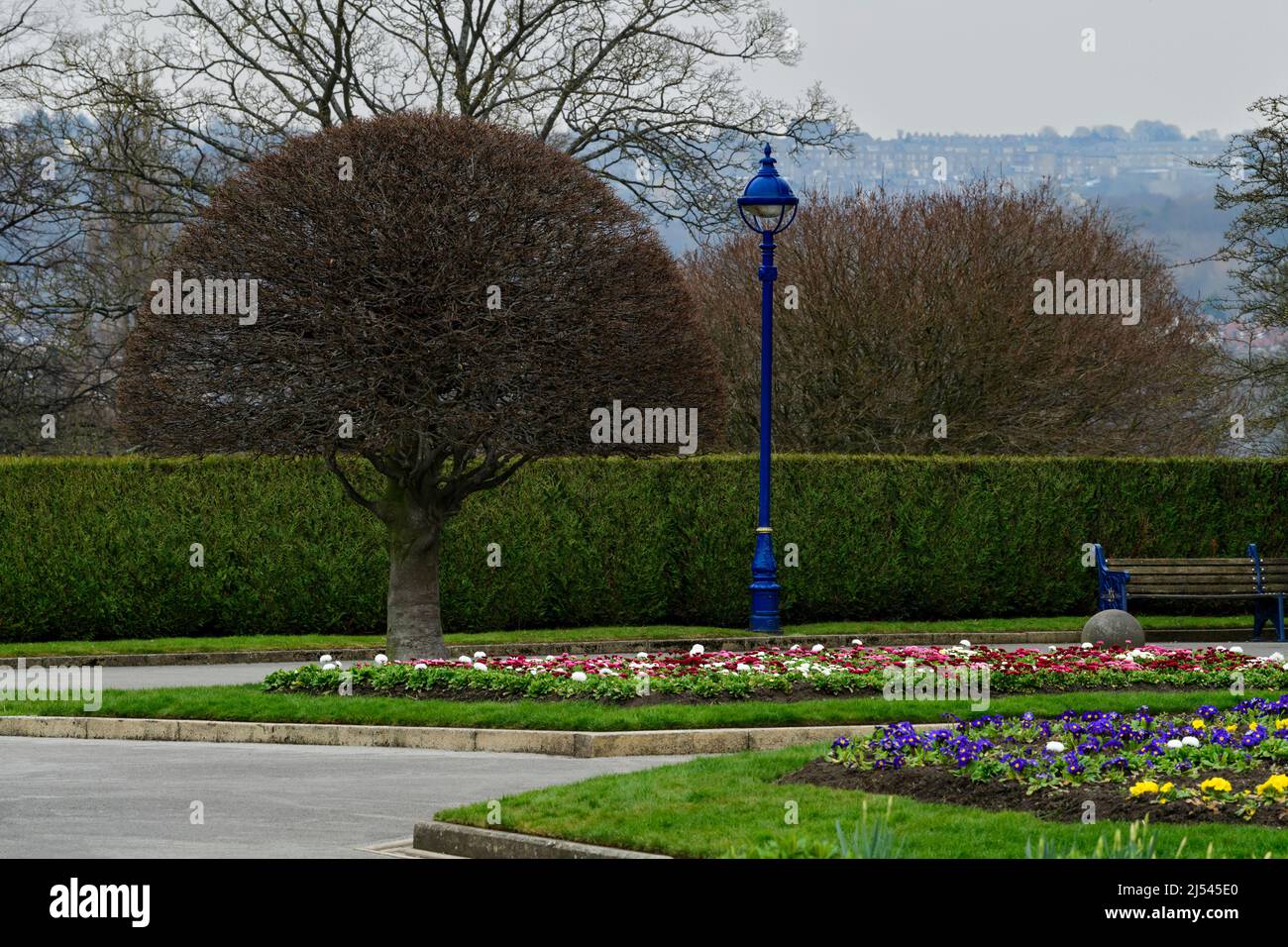 Scenic urban municipal amenity (bright bedding flowers on well-tended defined borders, pathways, bench seat) - Lister Park, Bradford, England, UK. Stock Photo
