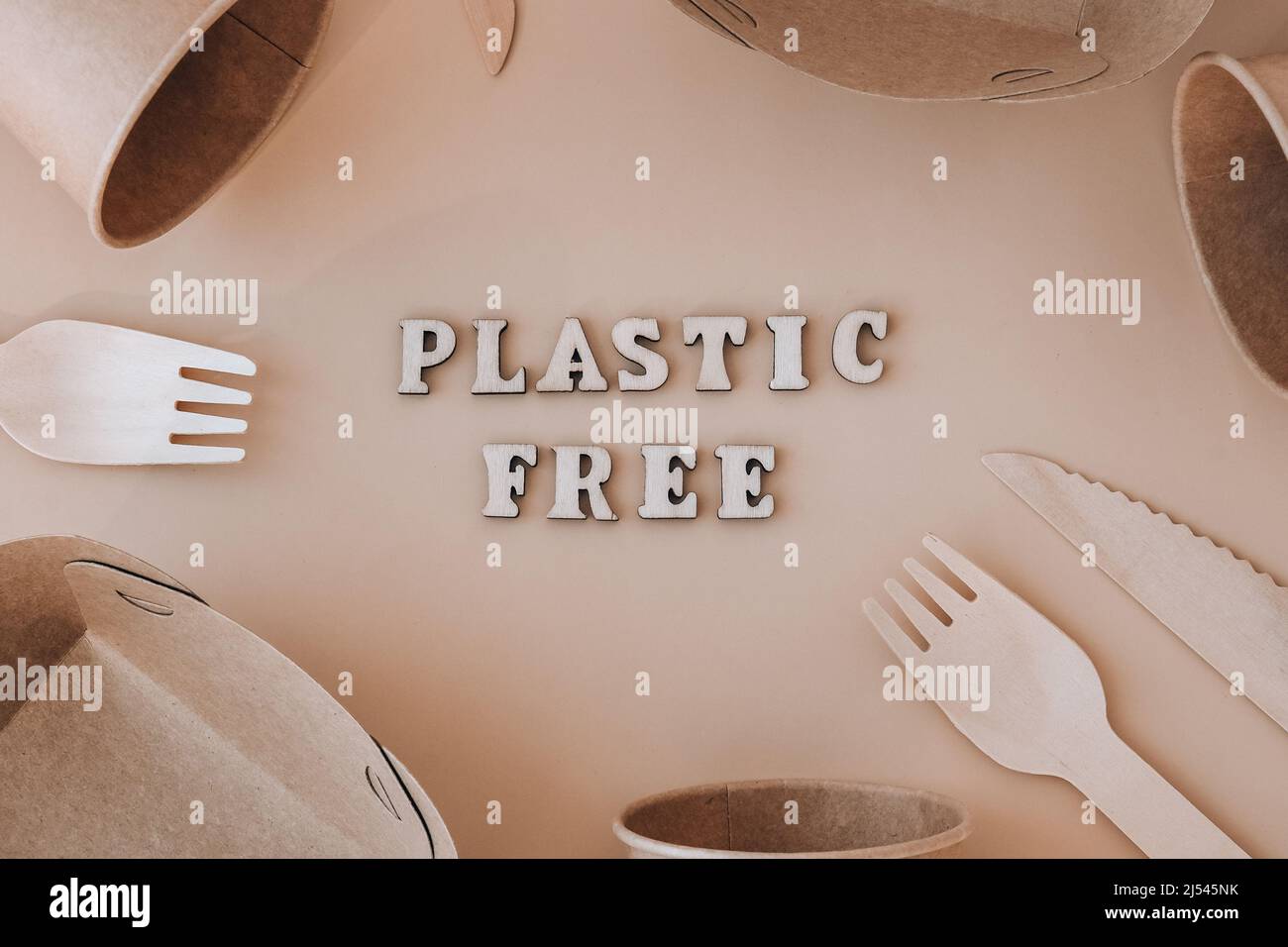 PLASTIC FREE text around Eco friendly, disposable, recyclable, compostable tableware. Paper food