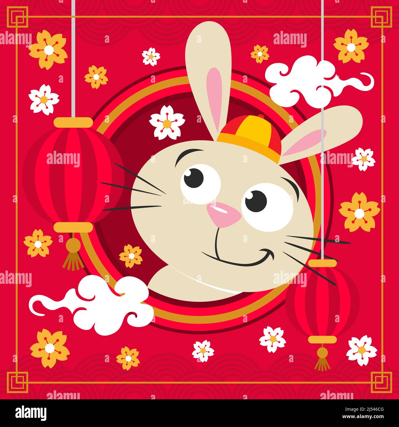 Happy Chinese New Year 2023 red theme. Cartoon happy rabbit