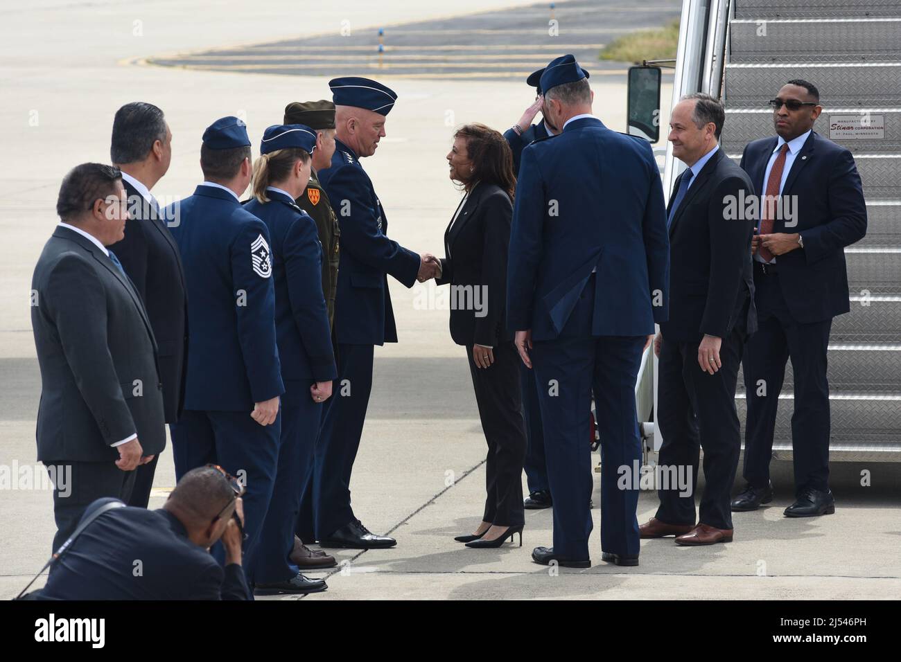 U.S. Vice President Kamala Harris is greeted by U.S. Space Force Chief of Space Operations Gen. John W. “Jay” Raymond, upon her arrival at Vandenberg Space Force Base, Calif., April 18, 2022. (U.S. Space Force photo by Michael Peterson) Stock Photo
