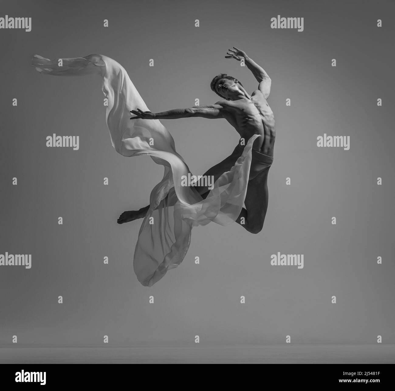 Desire. Black and white portrait of graceful muscled male ballet dancer dancing with fabric, cloth isolated on grey studio background. Grace, art Stock Photo