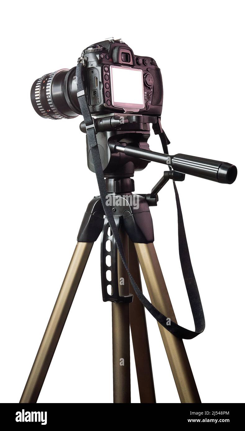 modern DSLR camera on tripod isolated on white background Stock Photo ...