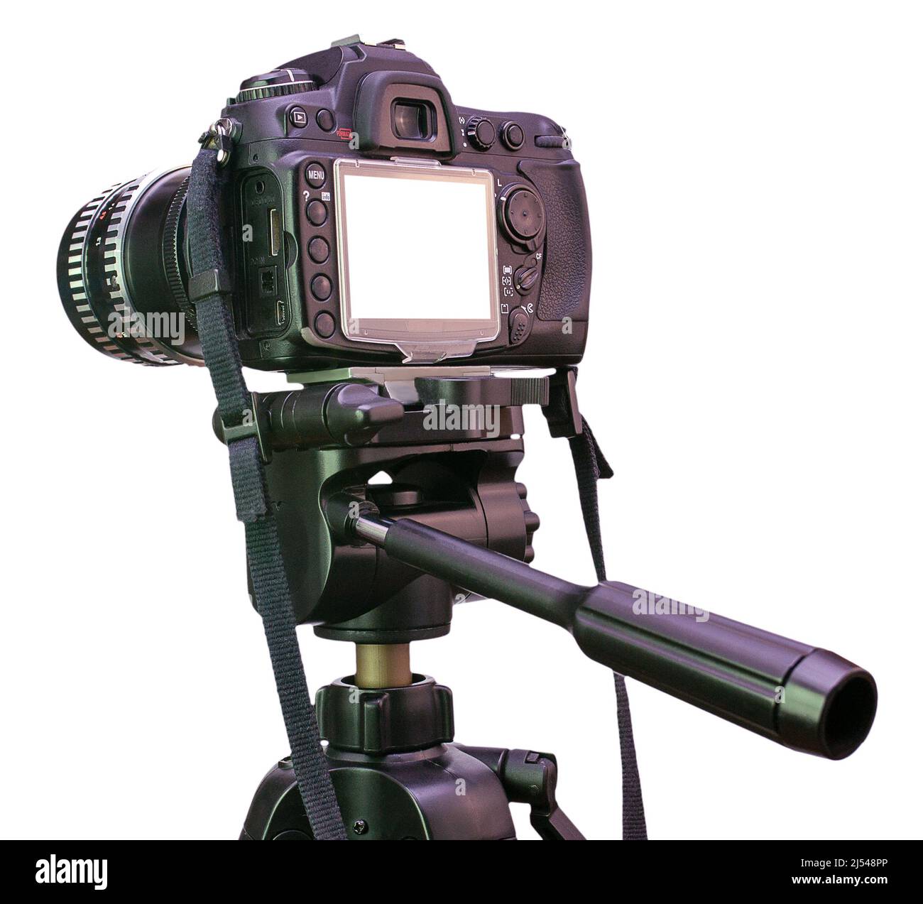 modern DSLR camera on tripod isolated on white background Stock Photo