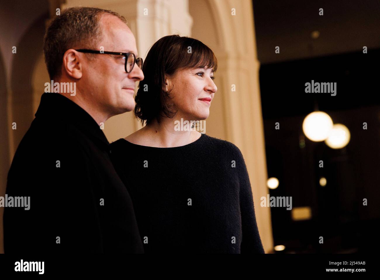 Berlin, Germany. 20th Apr, 2022. Philip Bröking and Susanne Moser, designated artistic director duo of the Komische Oper Berlin, photographed on the sidelines of a press conference of the Komische Oper Berlin for the 2022/23 season. Credit: Carsten Koall/dpa/Alamy Live News Stock Photo