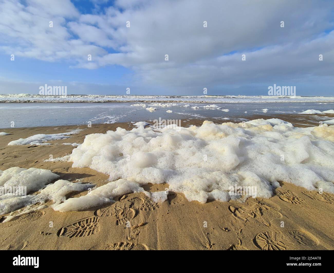 Sea froth at the coast of the North Sea, Netherlands, Noordwijk aan Zee Stock Photo