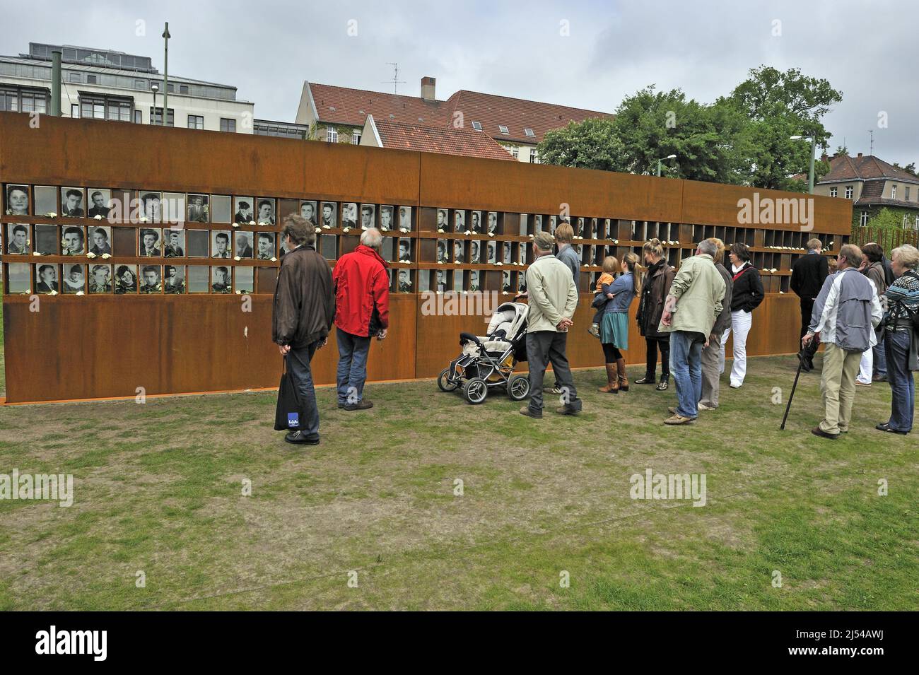 Newly designed picture wall with photos of all known victims at the Berlin Wall, memorial site at the Bernauer Strasse in Berlin, Germany, Berlin Stock Photo