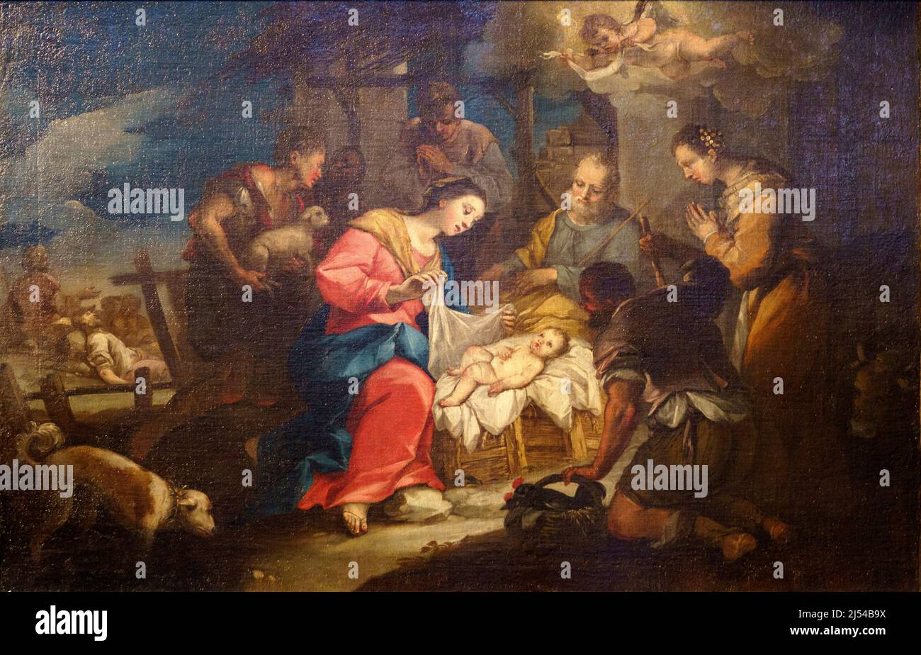 Milan, Lombardy, Italy: interior of the Santa Maria delle Grazie church: Nativity, painting of 18th century by Costantino Pasqualotto. Stock Photo