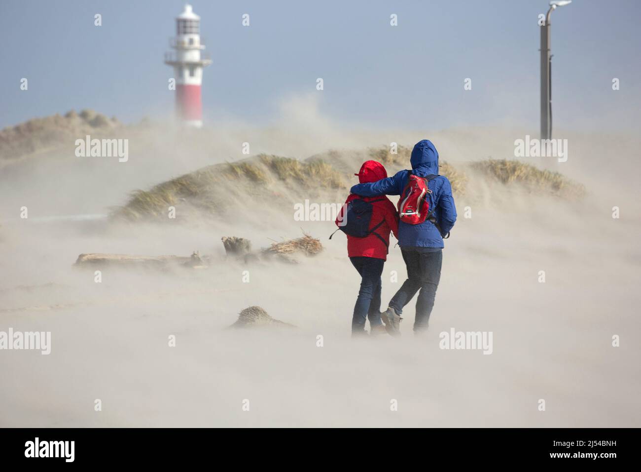 walkers in the storm on the sandy beach, Hurricane Eunice, Zeynep, 02/19/2022, Belgium, West Flanders, Nieuwpoort Stock Photo