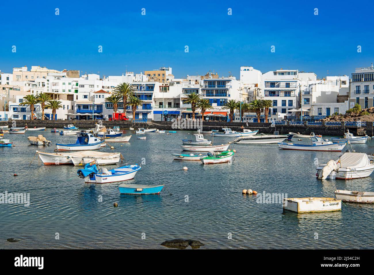 Fishing boats at the lagoon Charco de San Gines, Canary Islands, Lanzarote, Arrecife Stock Photo