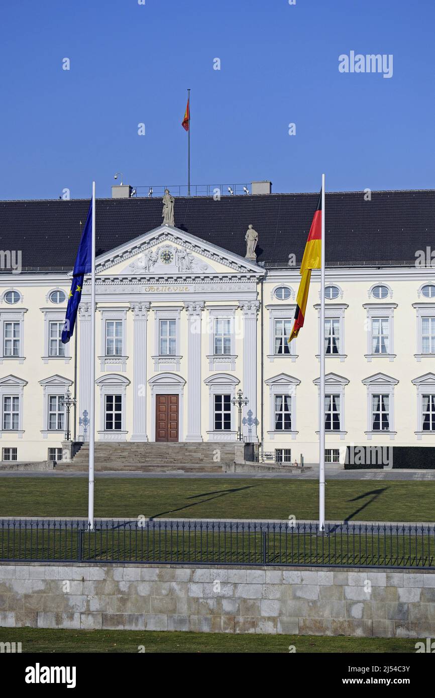 Bellevue Palace, official residence of the President of Germany, Main entrance with flags , Germany, Berlin Stock Photo