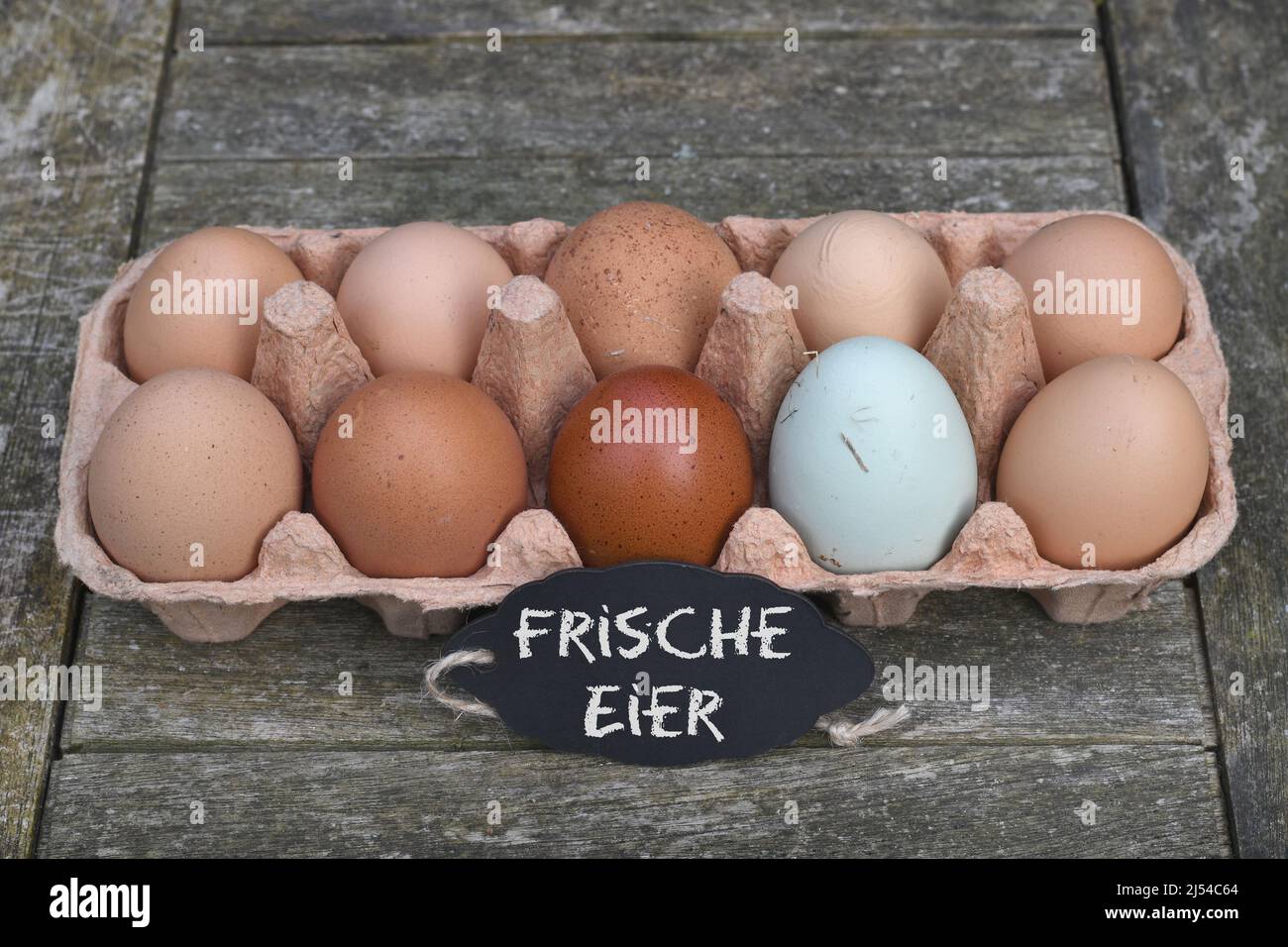 chalkboard with the inscription 'Frische Eier' in front of chicken eggs in the egg carton, Germany Stock Photo