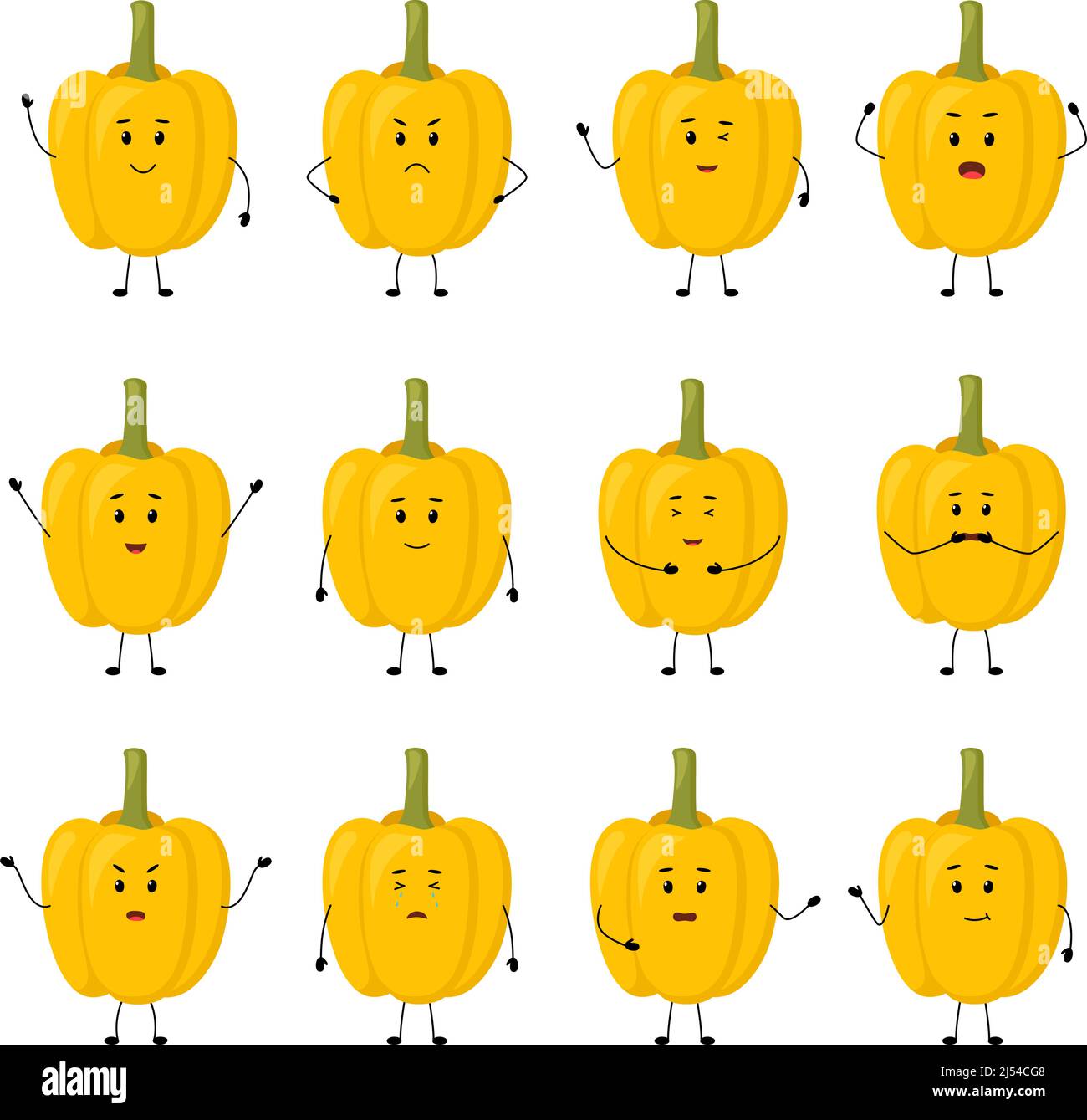 Yellow pepper. Cute vegetable characters with different emotions, vector illustration Stock Vector