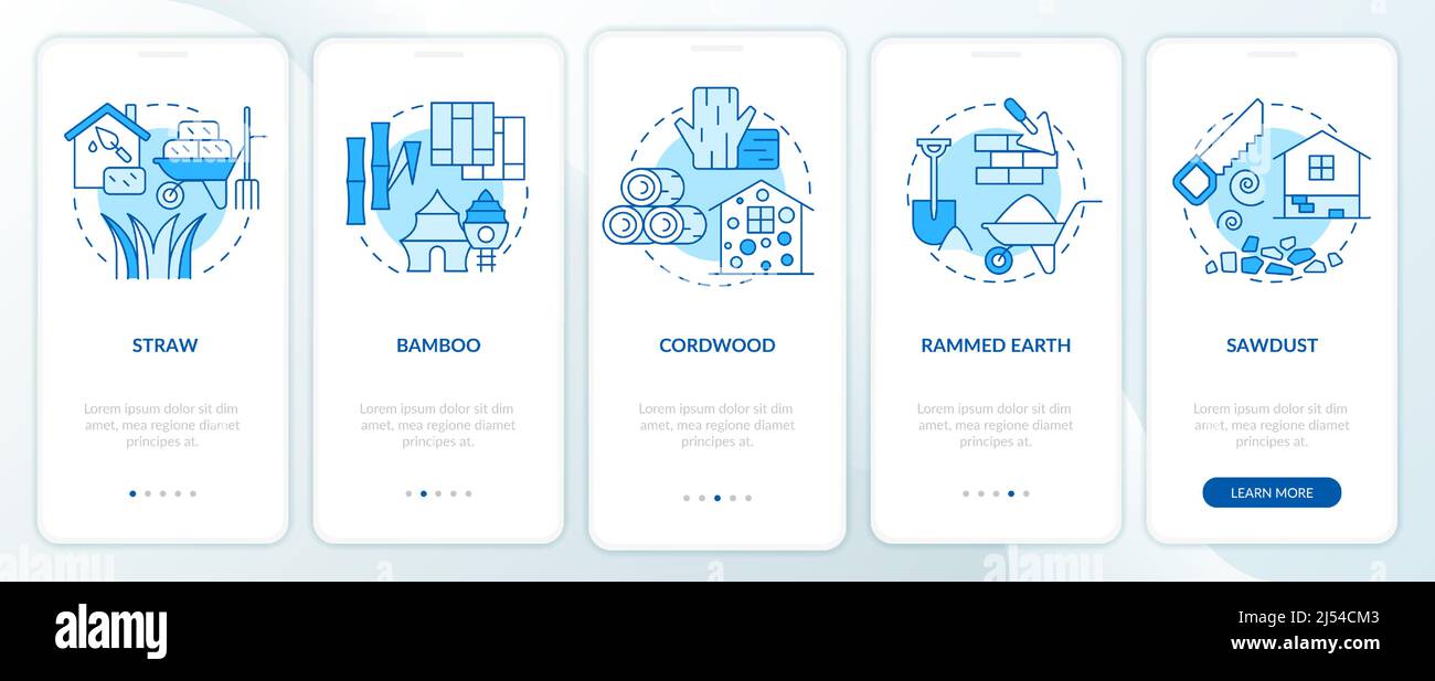 Alternative building materials blue onboarding mobile app screen Stock Vector