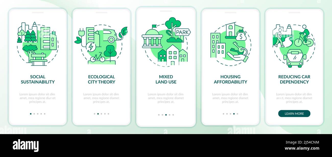 Sustainability in urban planning green onboarding mobile app screen ...