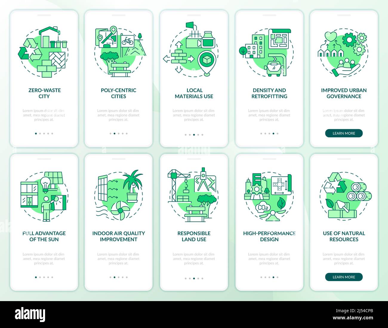 Principles of sustainable construction onboarding mobile app screen set ...